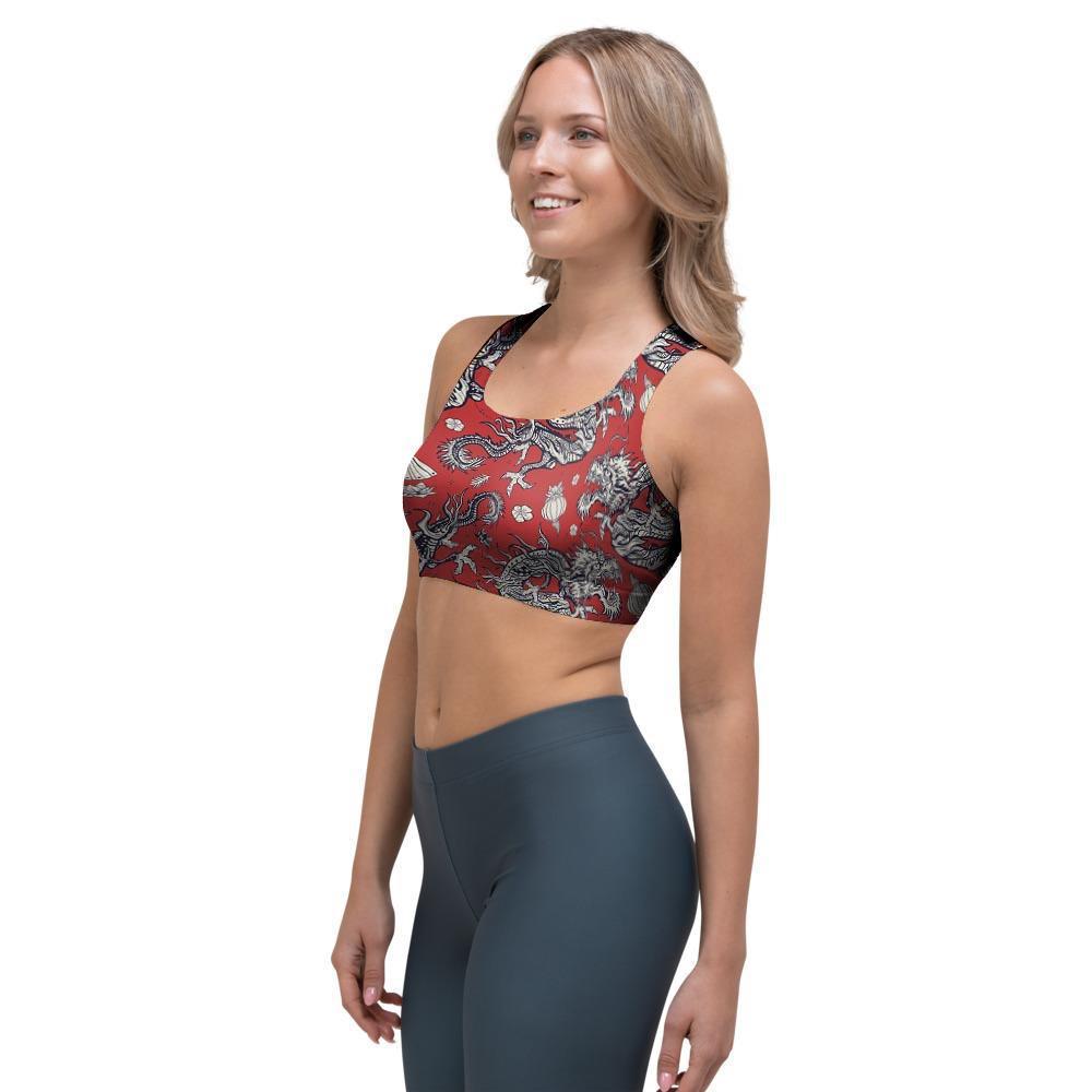 Red Chinese Dragon Floral Print Sports Bra-grizzshop