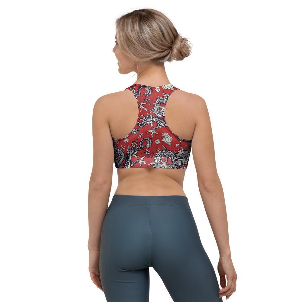 Red Chinese Dragon Floral Print Sports Bra-grizzshop