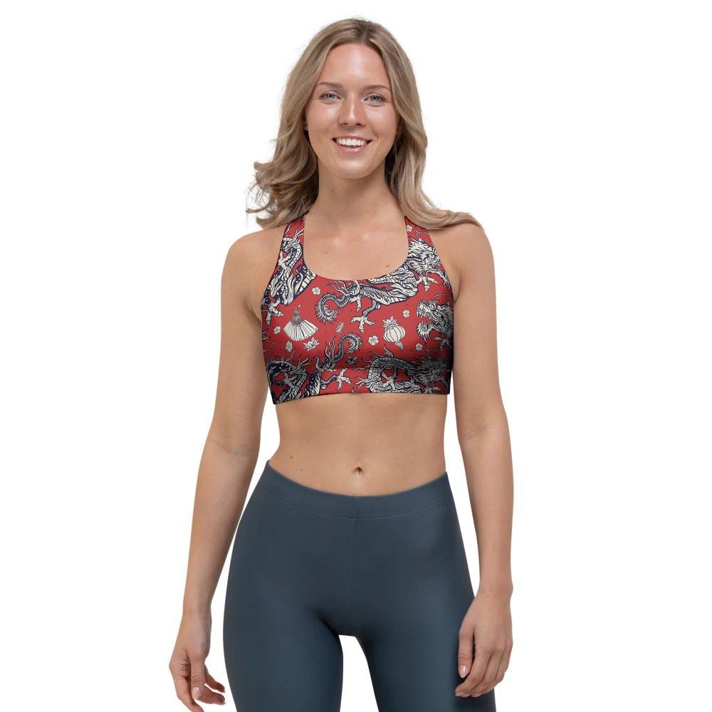 Red Chinese Dragon Floral Print Sports Bra-grizzshop