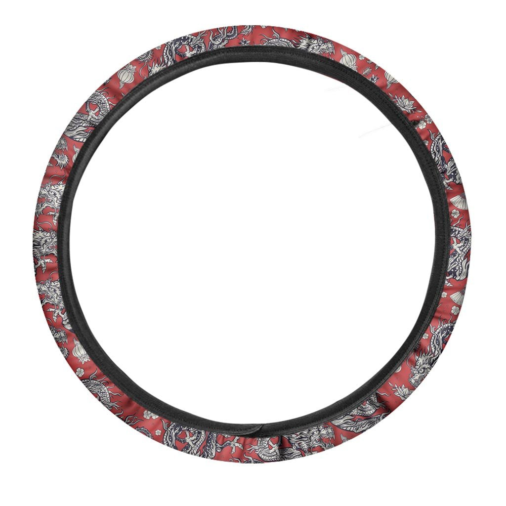 Red Chinese Dragon Floral Print Steering Wheel Cover-grizzshop