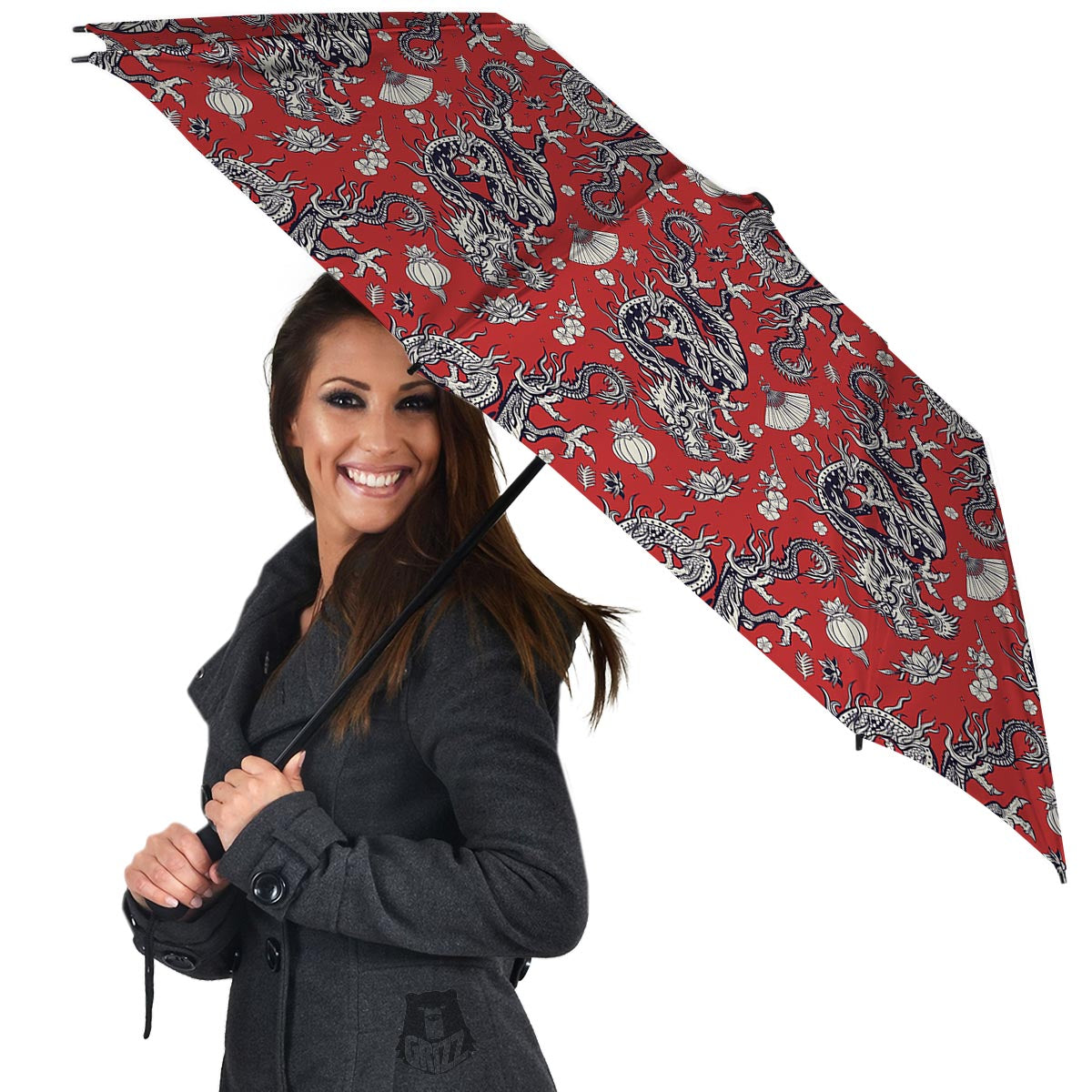 Red Chinese Dragon Floral Print Umbrella-grizzshop