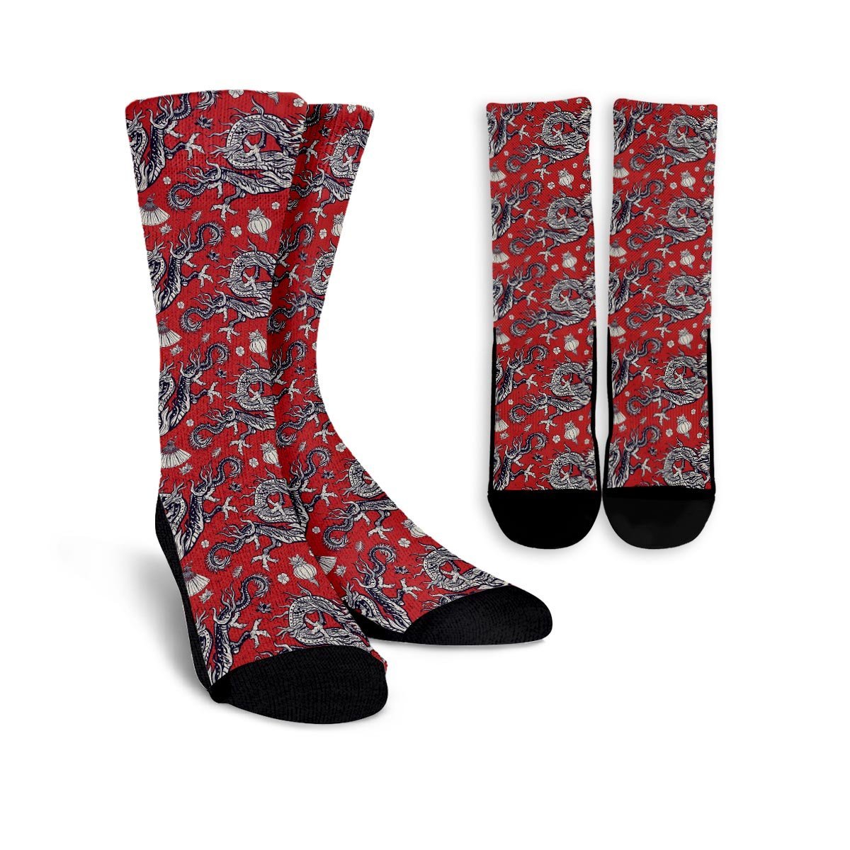 Red Chinese Dragon Floral Print Unisex Socks-grizzshop