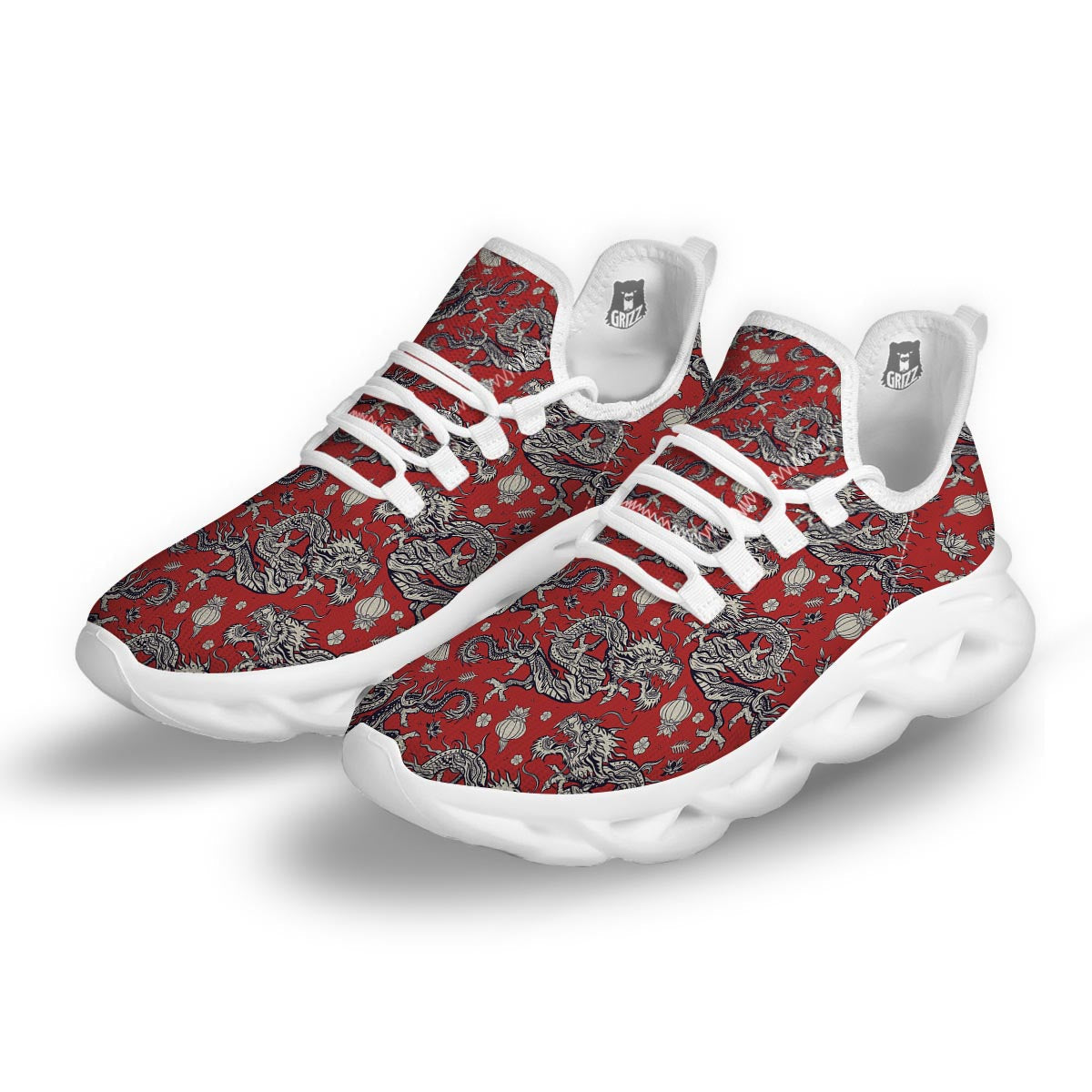 Red Chinese Dragon Floral Print White Running Shoes-grizzshop