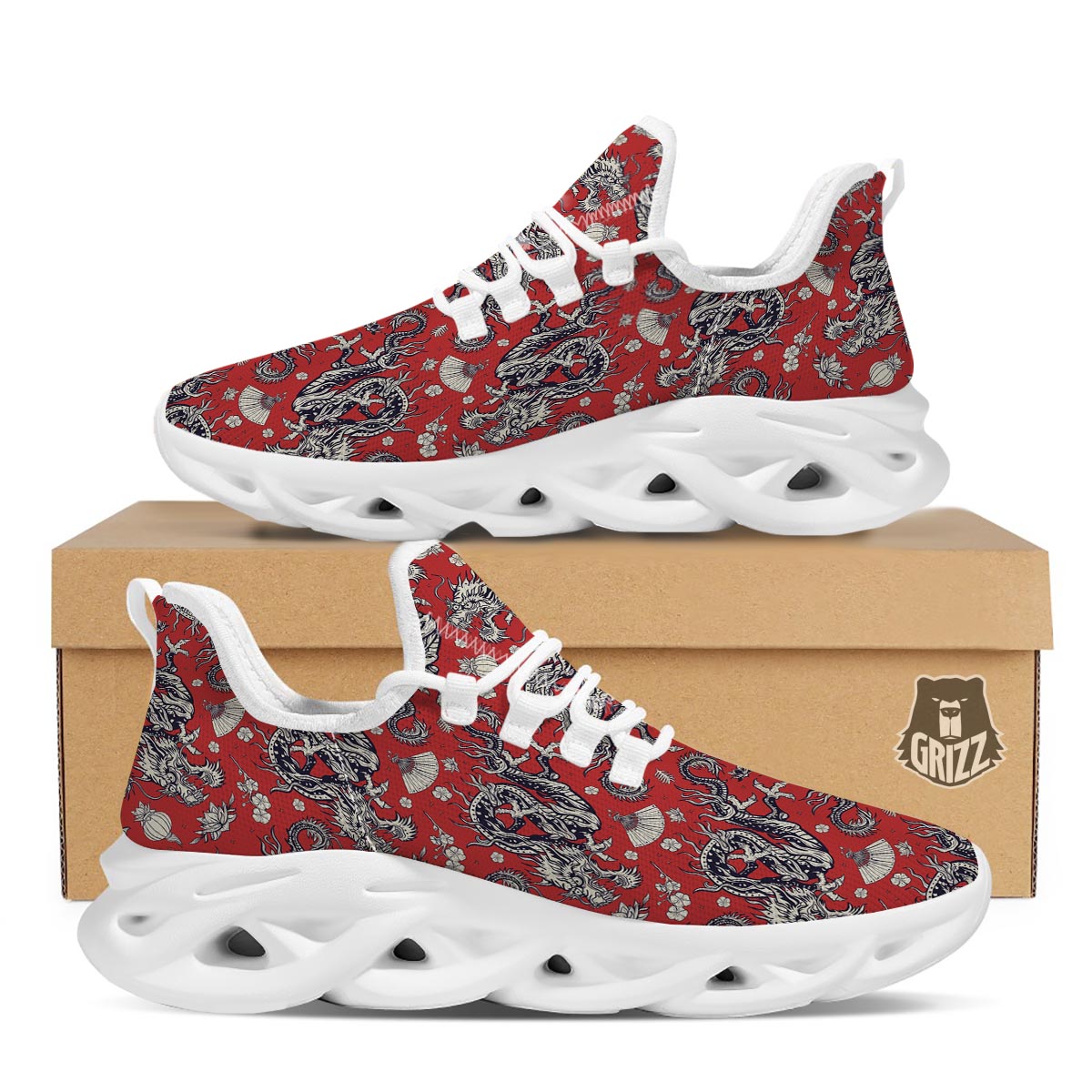 Red Chinese Dragon Floral Print White Running Shoes-grizzshop