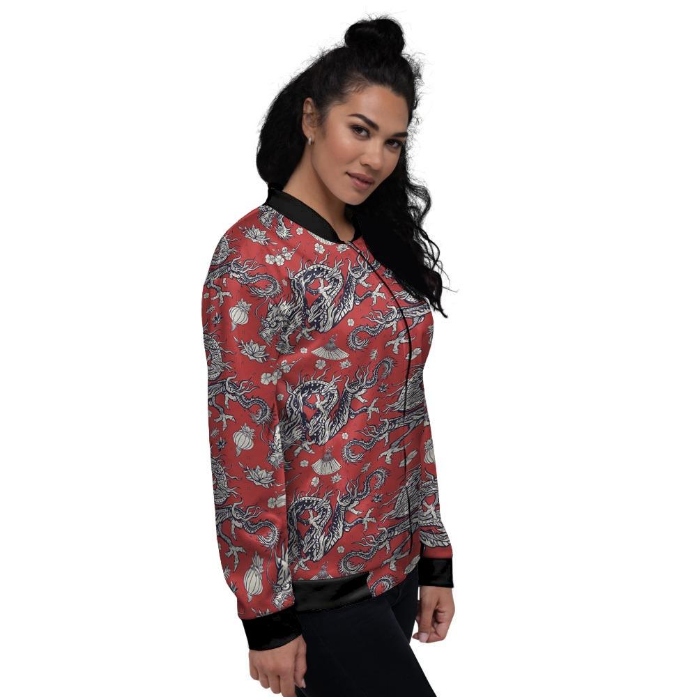 Red Chinese Dragon Floral Print Women's Bomber Jacket-grizzshop