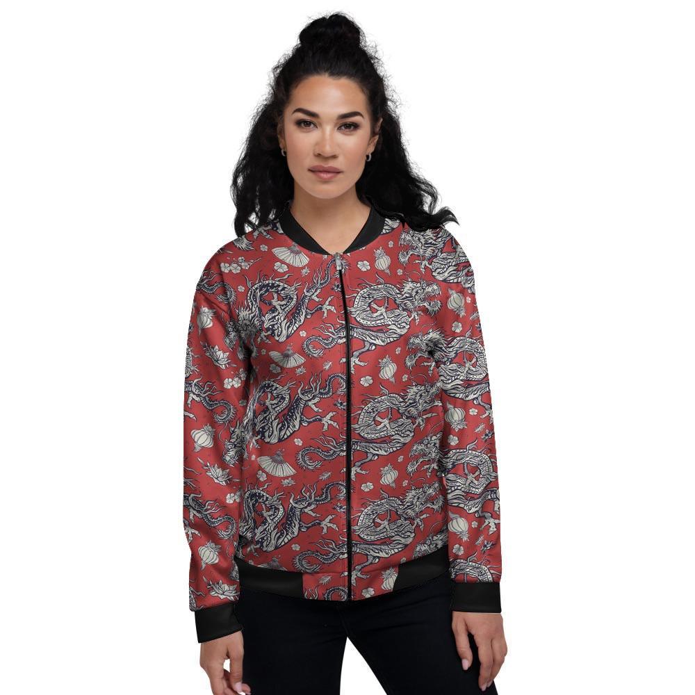 Red Chinese Dragon Floral Print Women's Bomber Jacket-grizzshop