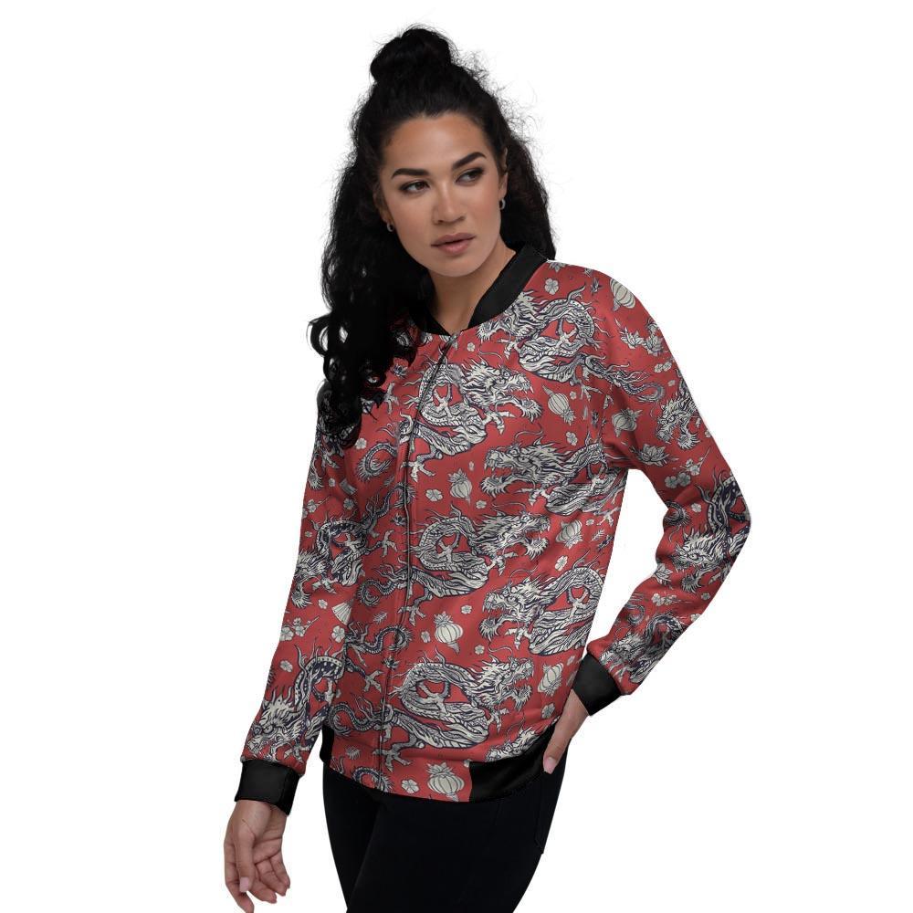 Red Chinese Dragon Floral Print Women's Bomber Jacket-grizzshop