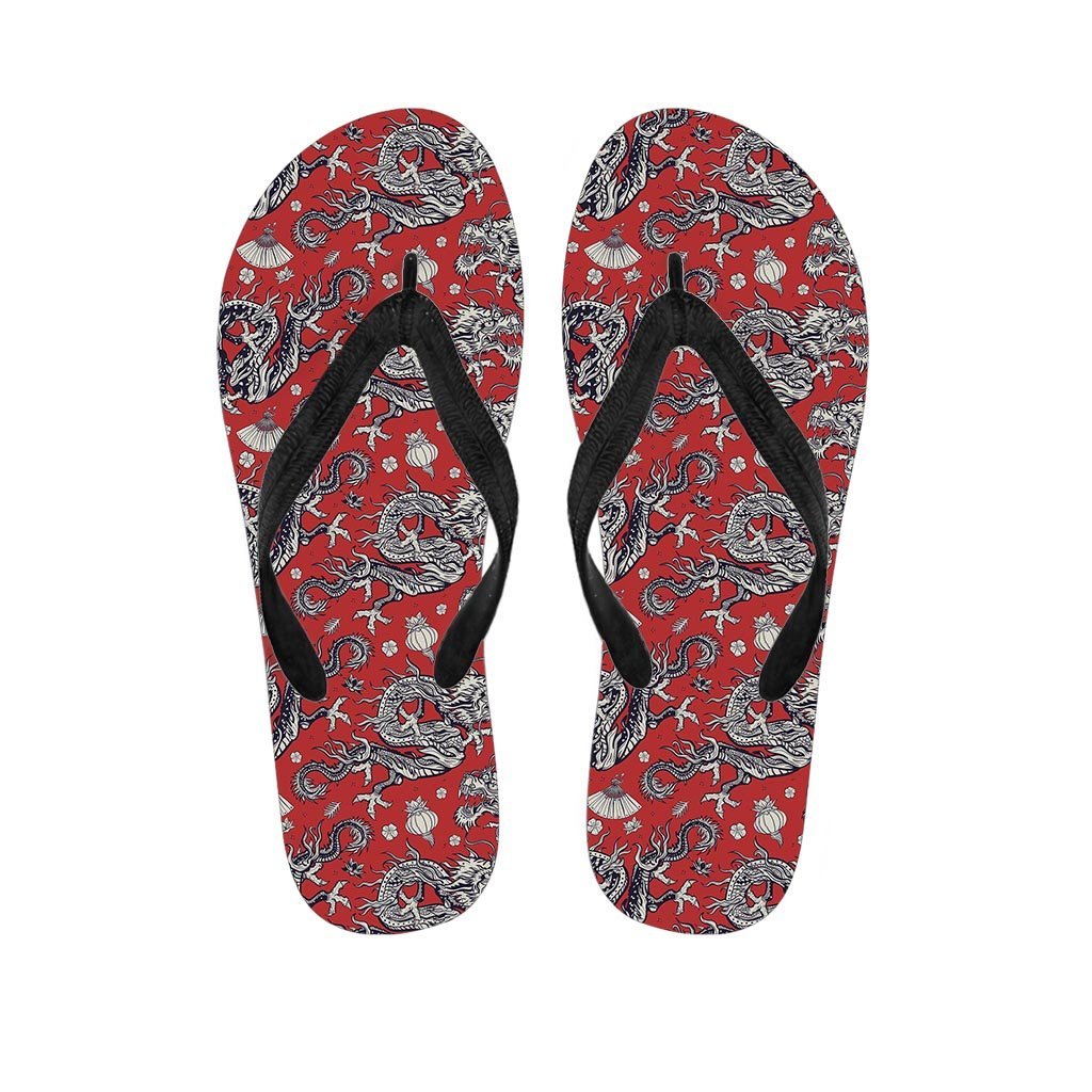 Red Chinese Dragon Floral Print Women's Flip Flops-grizzshop