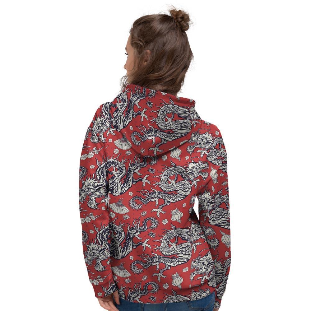 Red Chinese Dragon Floral Print Women's Hoodie-grizzshop