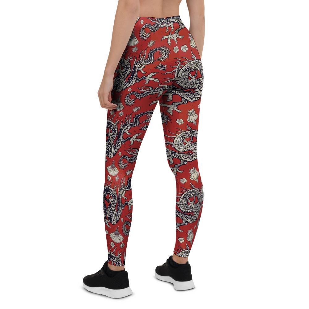 Red Chinese Dragon Floral Print Women's Leggings-grizzshop