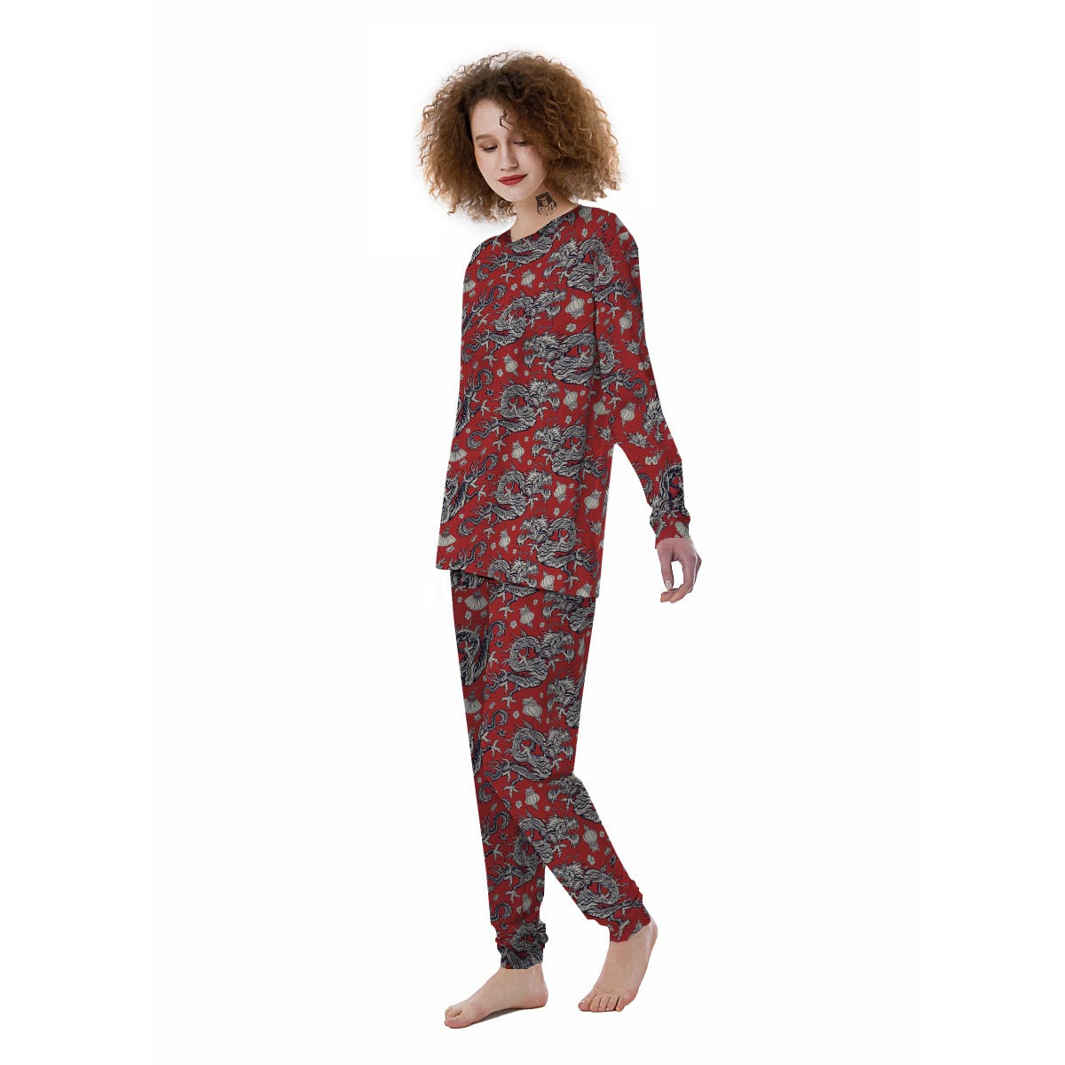 Red Chinese Dragon Floral Print Women's Pajamas-grizzshop