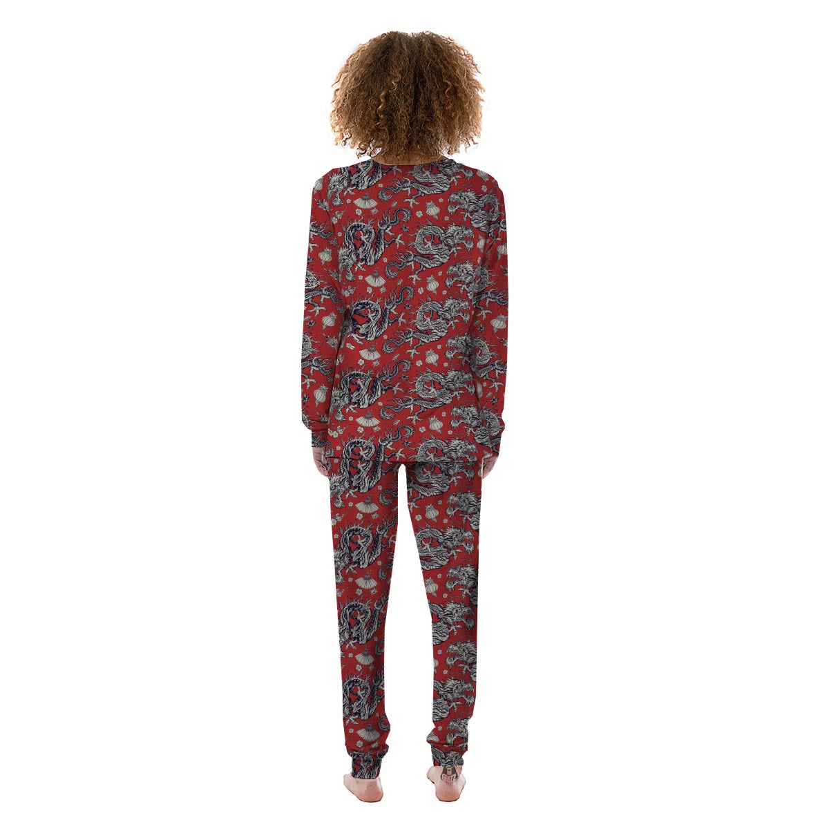 Red Chinese Dragon Floral Print Women's Pajamas-grizzshop