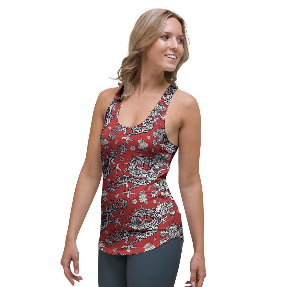 Red Chinese Dragon Floral Print Women's Racerback Tank Top-grizzshop