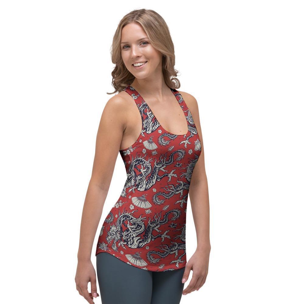 Red Chinese Dragon Floral Print Women's Racerback Tank Top-grizzshop