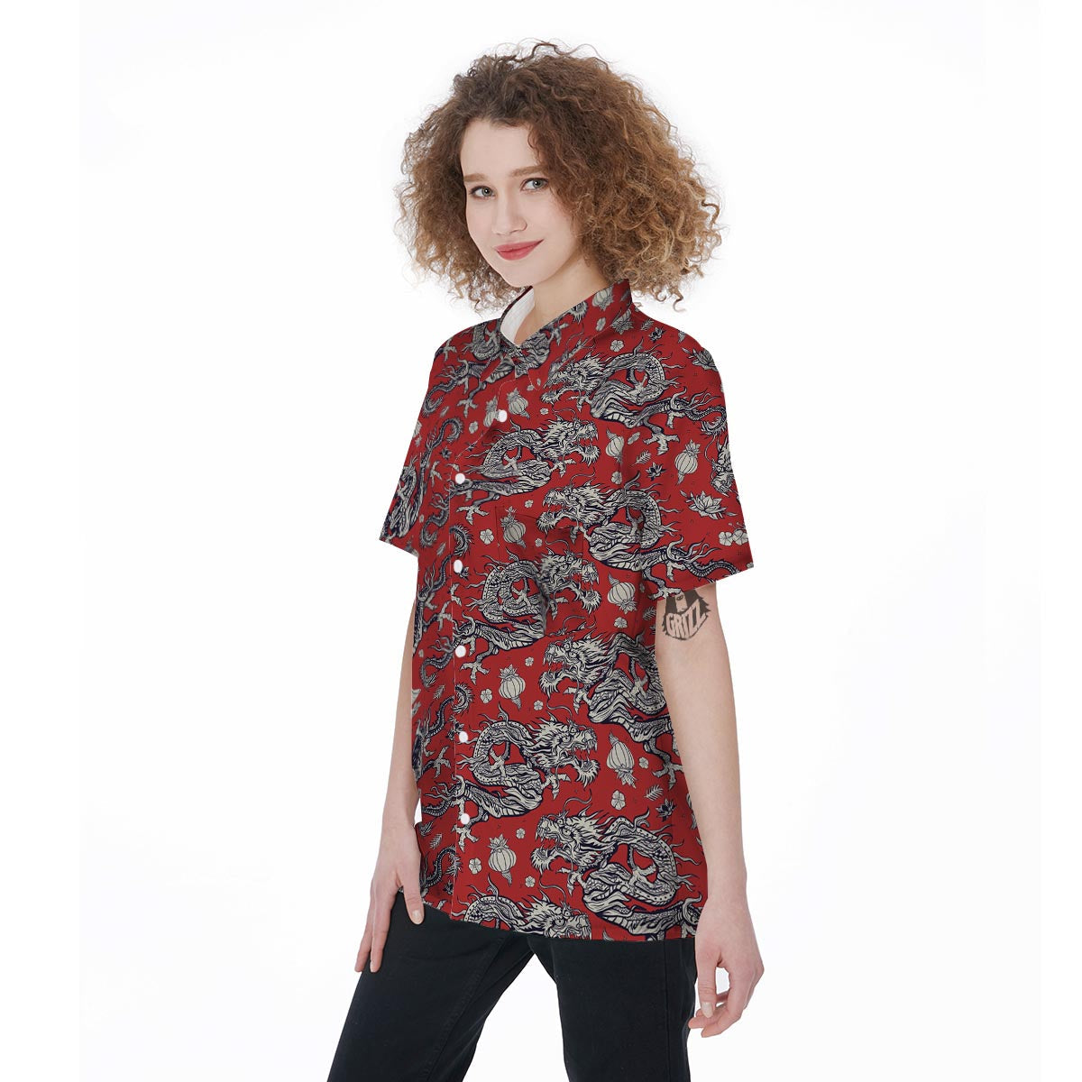 Red Chinese Dragon Floral Print Women's Short Sleeve Shirts-grizzshop