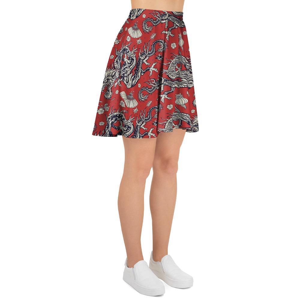 Red Chinese Dragon Floral Print Women's Skirt-grizzshop