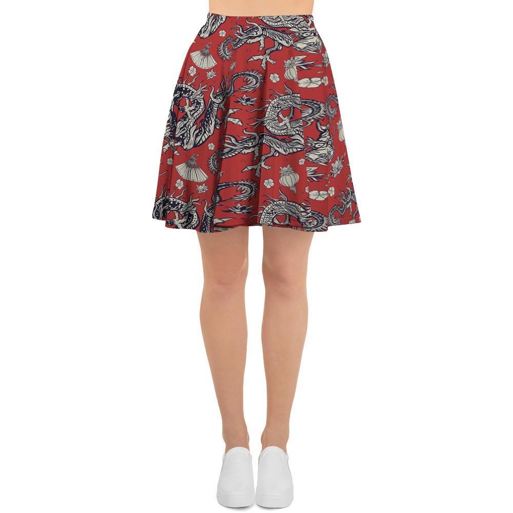 Red Chinese Dragon Floral Print Women's Skirt-grizzshop