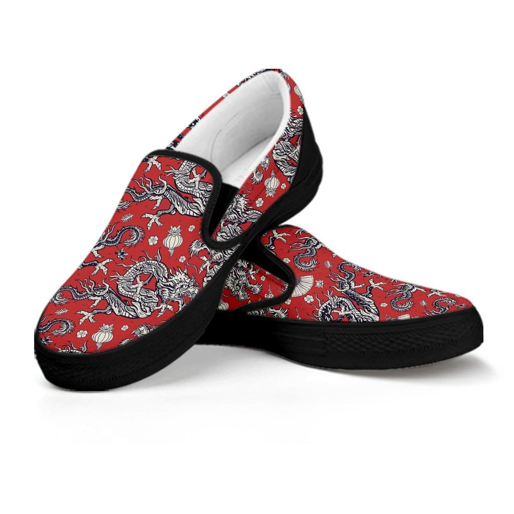 Red Chinese Dragon Floral Print Women's Slip On Sneakers-grizzshop