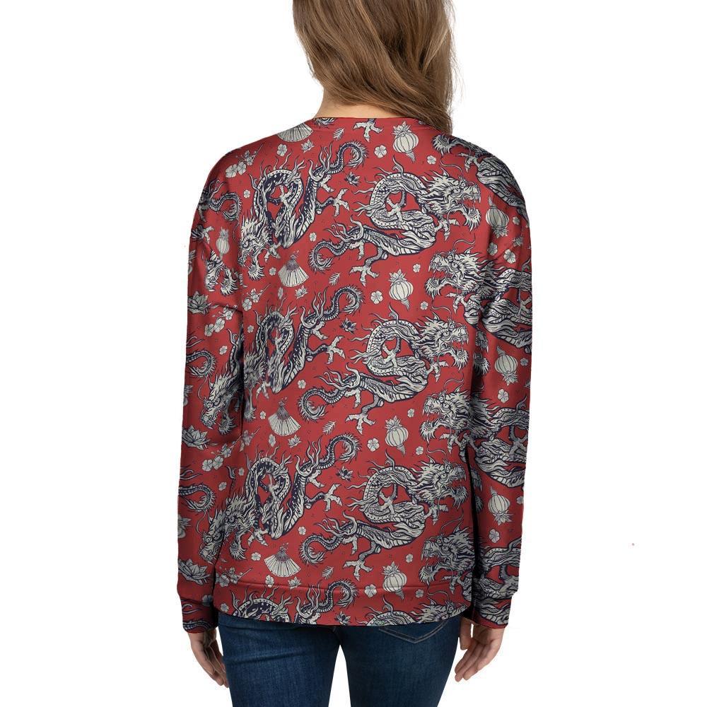 Red Chinese Dragon Floral Print Women's Sweatshirt-grizzshop