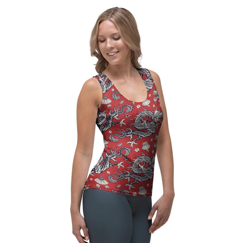 Red Chinese Dragon Floral Print Women's Tank Top-grizzshop