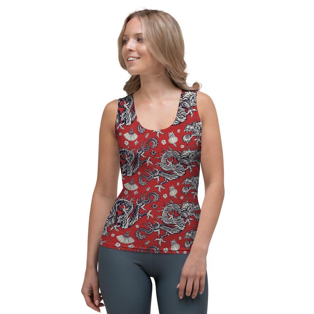 Red Chinese Dragon Floral Print Women's Tank Top-grizzshop