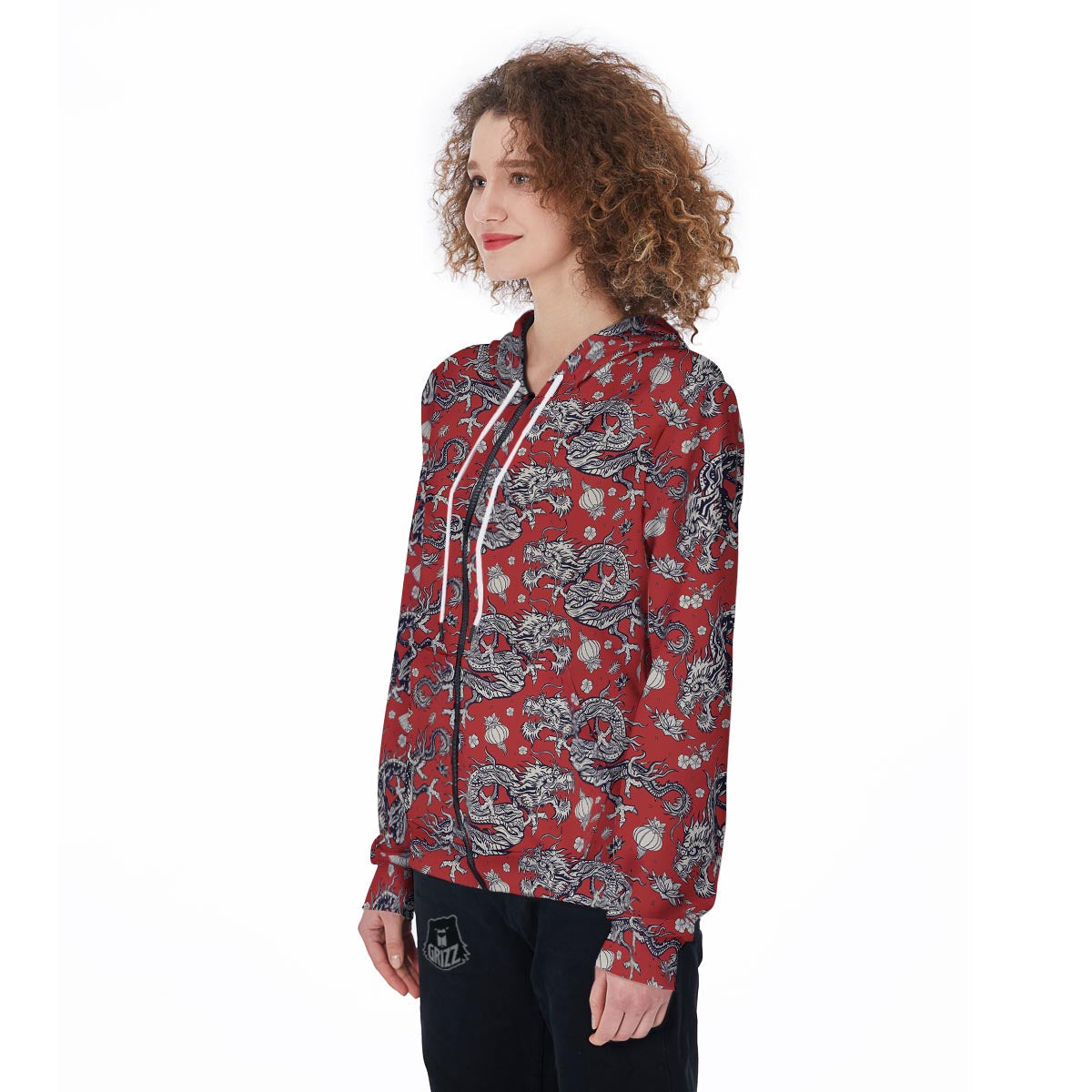 Red Chinese Dragon Floral Print Women's Zip Up Hoodie-grizzshop