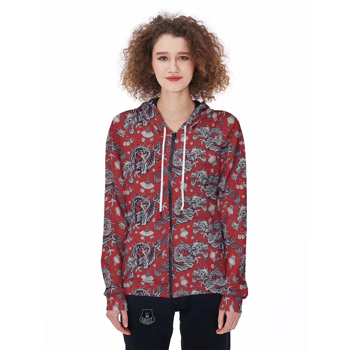 Red Chinese Dragon Floral Print Women's Zip Up Hoodie-grizzshop