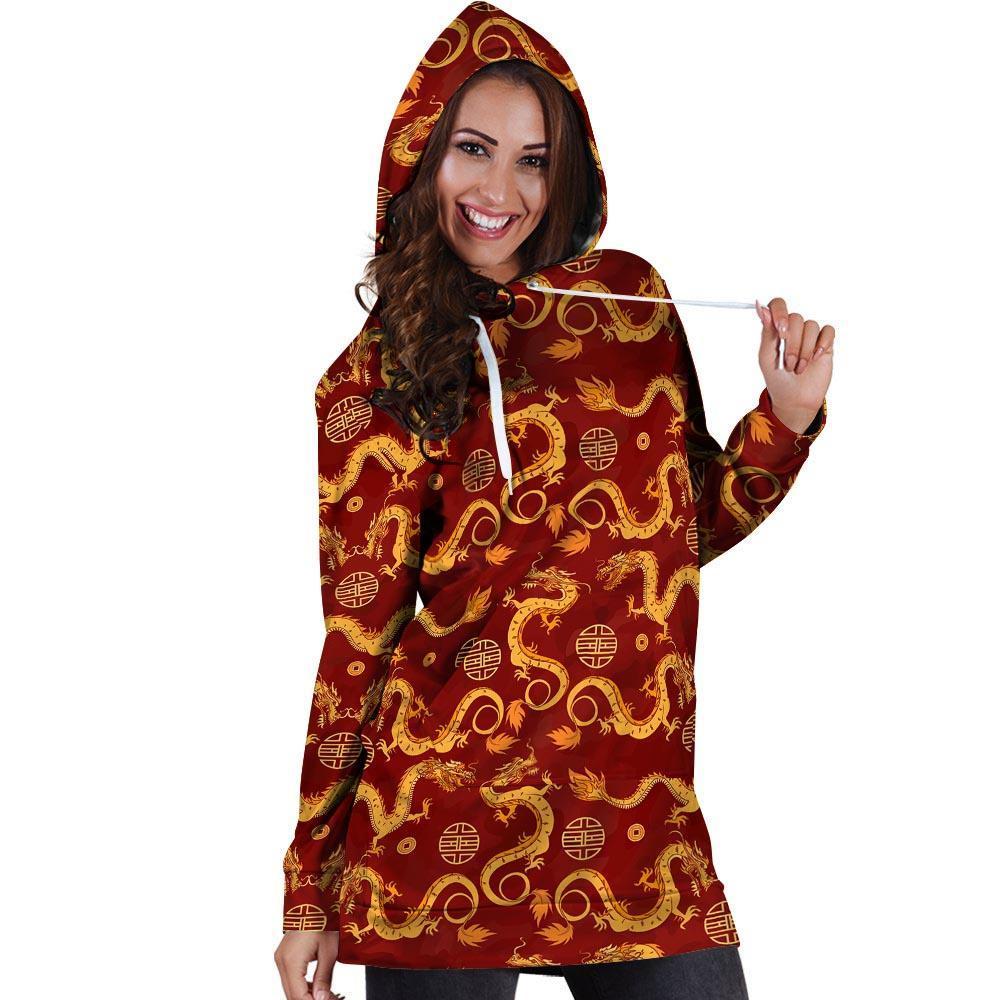 Red Chinese Dragon Hoodie Dress-grizzshop