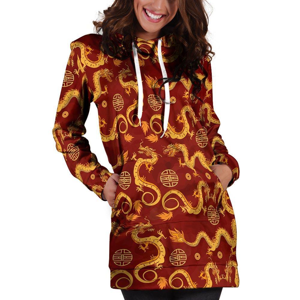 Red Chinese Dragon Hoodie Dress-grizzshop