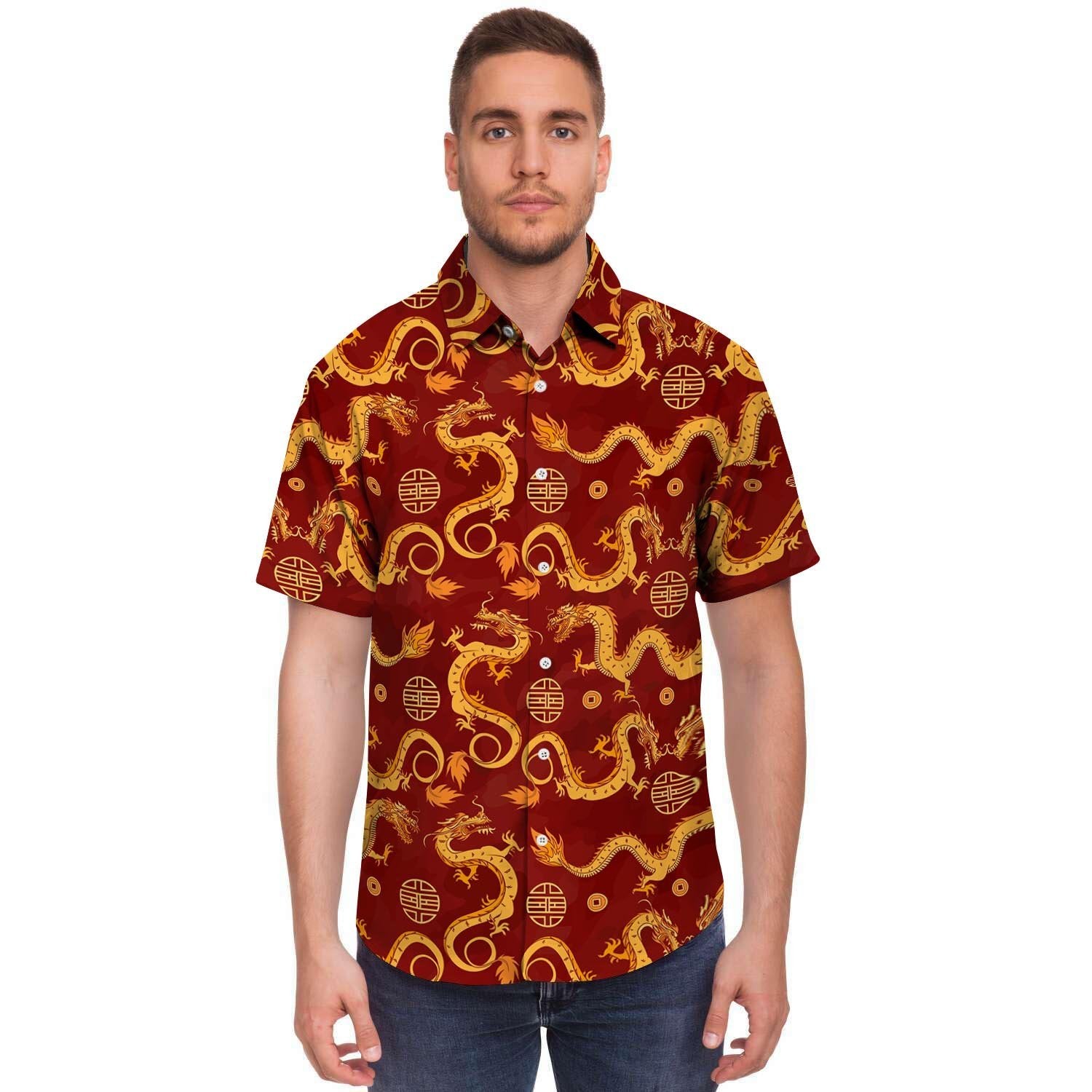 Red Chinese Dragon Men's Short Sleeve Shirt-grizzshop