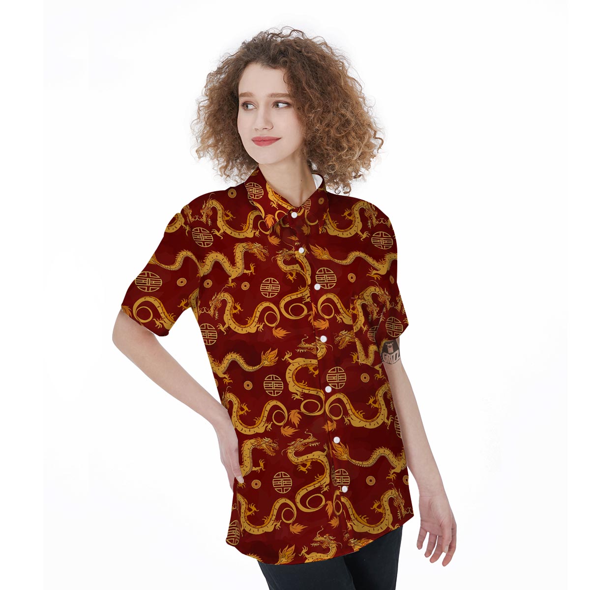 Red Chinese Dragon Women's Short Sleeve Shirts-grizzshop