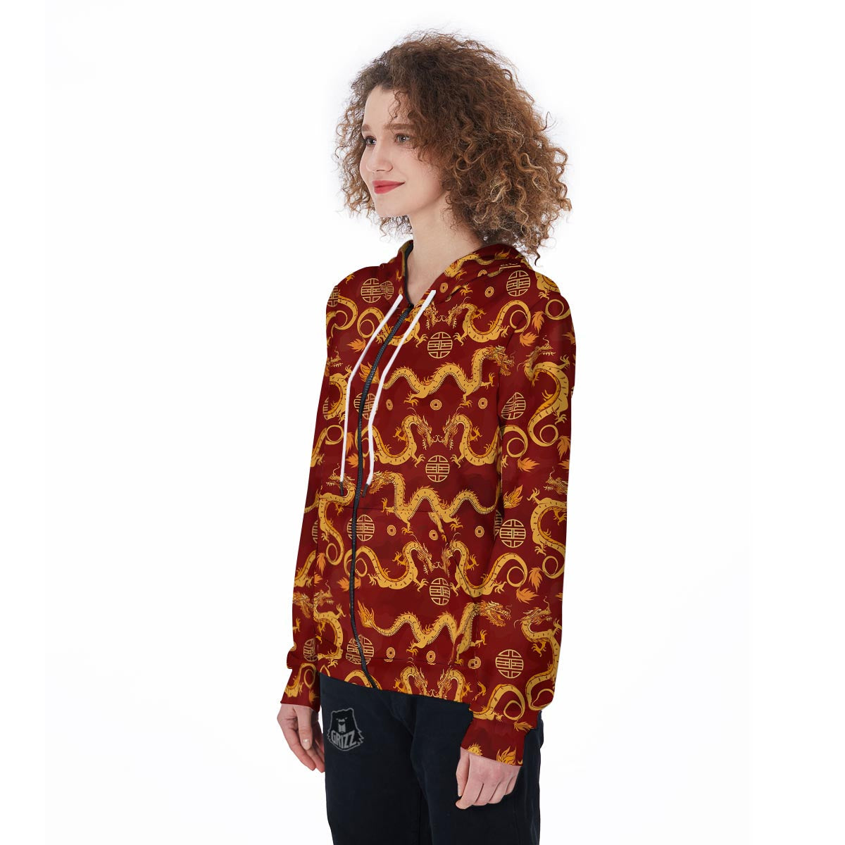 Red Chinese Dragon Women's Zip Up Hoodie-grizzshop