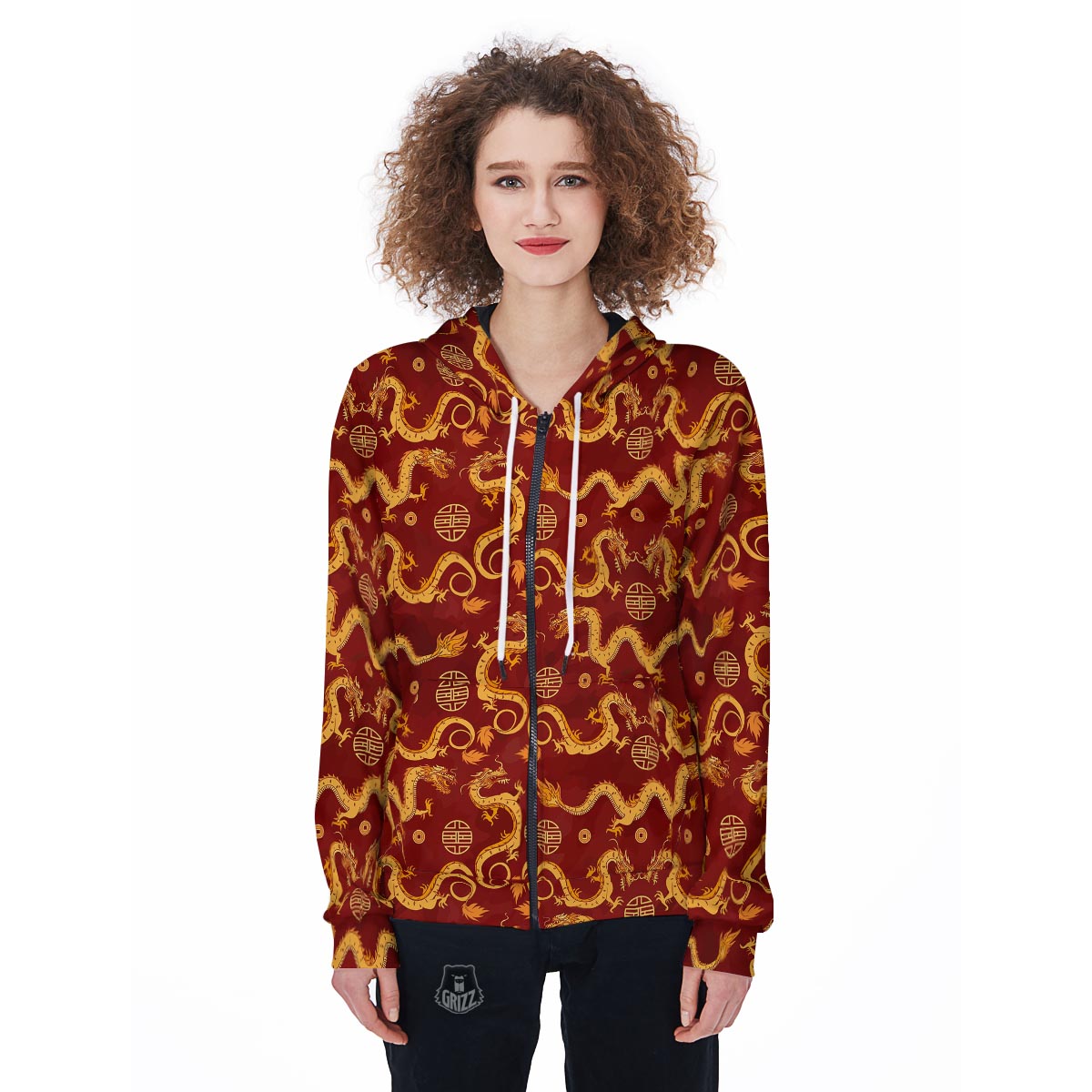 Red Chinese Dragon Women's Zip Up Hoodie-grizzshop