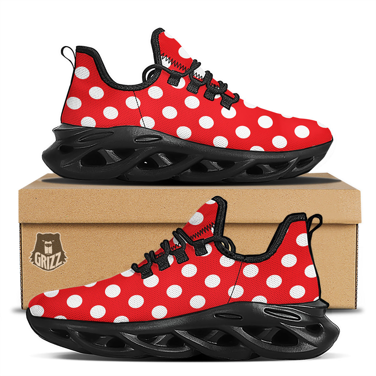 Red Color Polka Dot Print Pattern Black Running Shoes-grizzshop