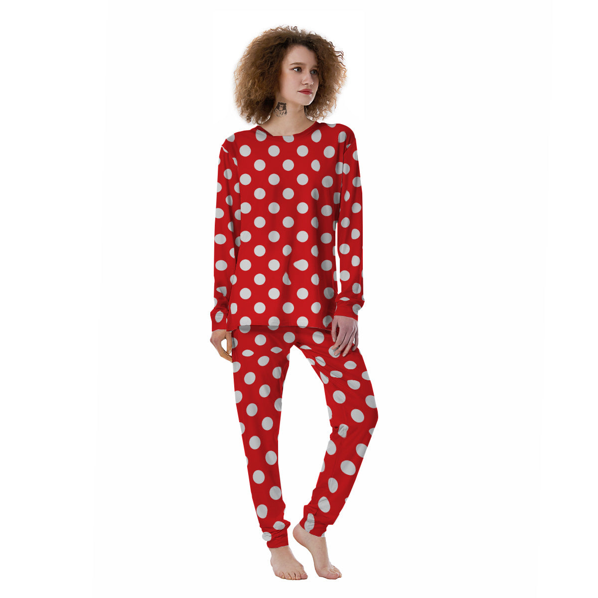 Red Color Polka Dot Print Pattern Women's Pajamas-grizzshop