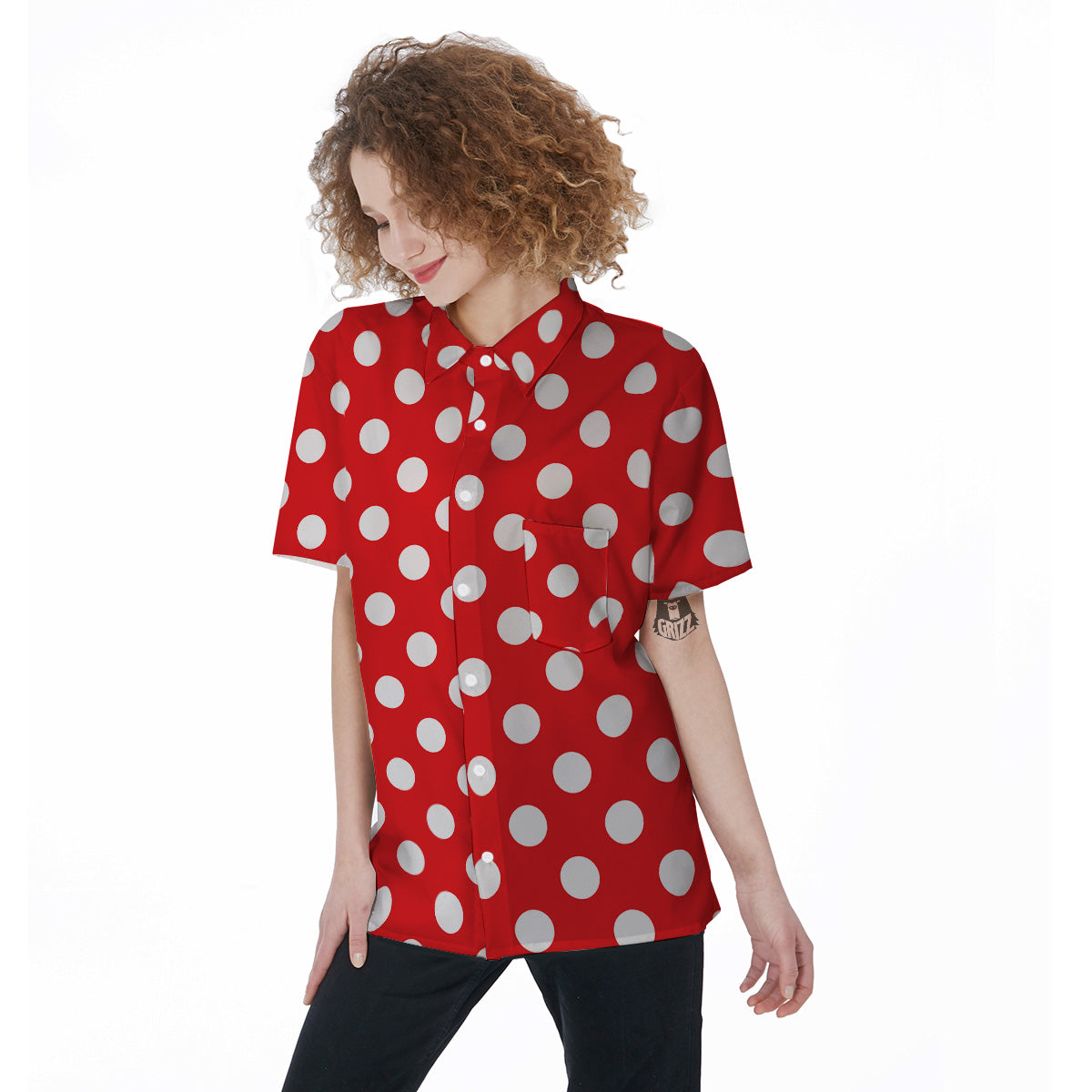 Red Color Polka Dot Print Pattern Women's Short Sleeve Shirts-grizzshop