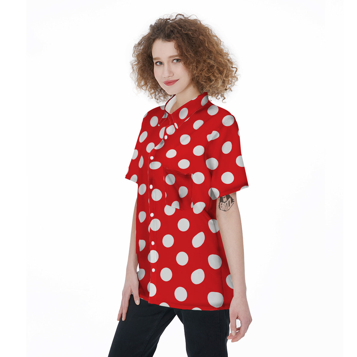 Red Color Polka Dot Print Pattern Women's Short Sleeve Shirts-grizzshop
