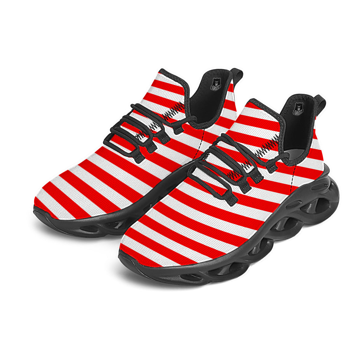 Red Color Striped Print Black Running Shoes-grizzshop