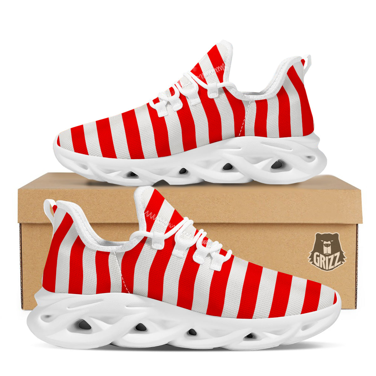 Red Color Striped Print White Running Shoes-grizzshop