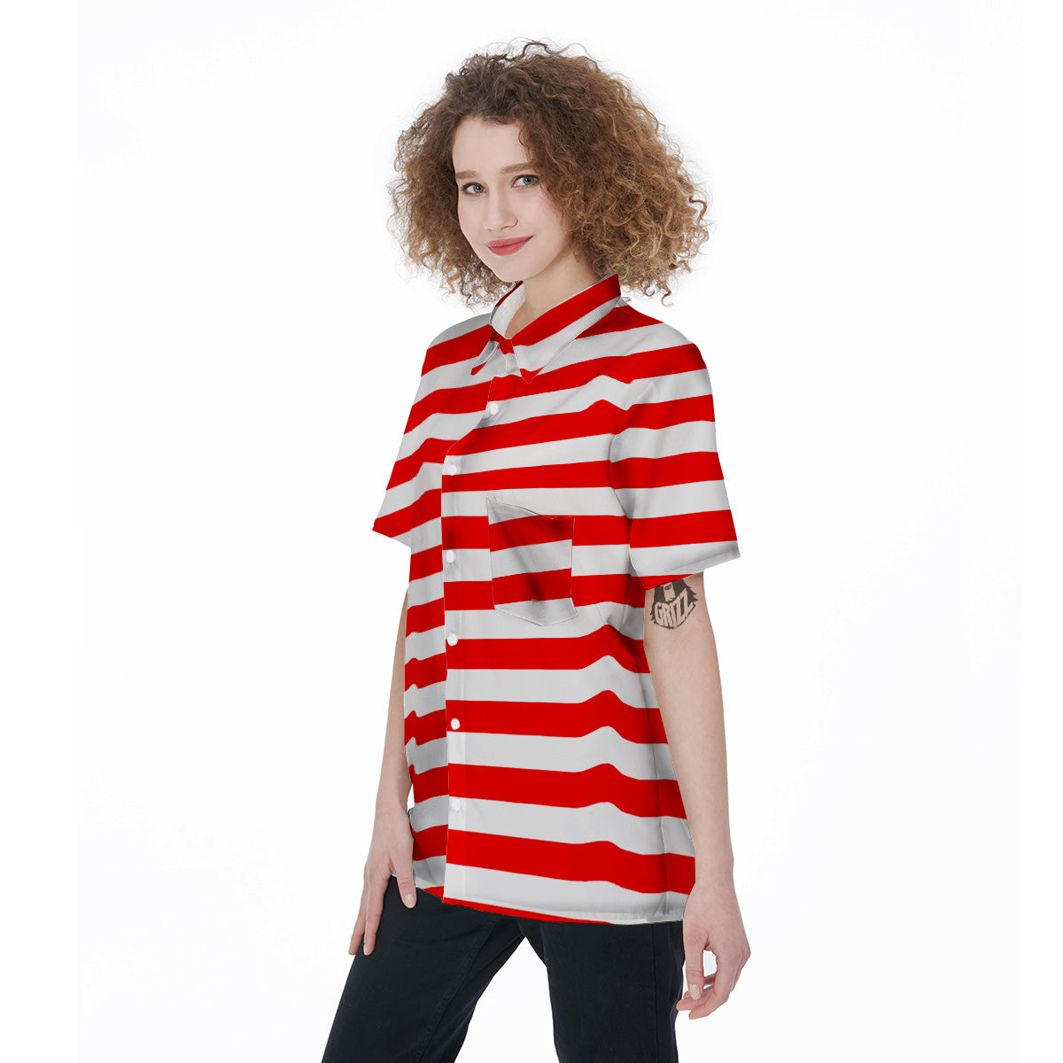 Red Color Striped Print Women's Short Sleeve Shirts-grizzshop