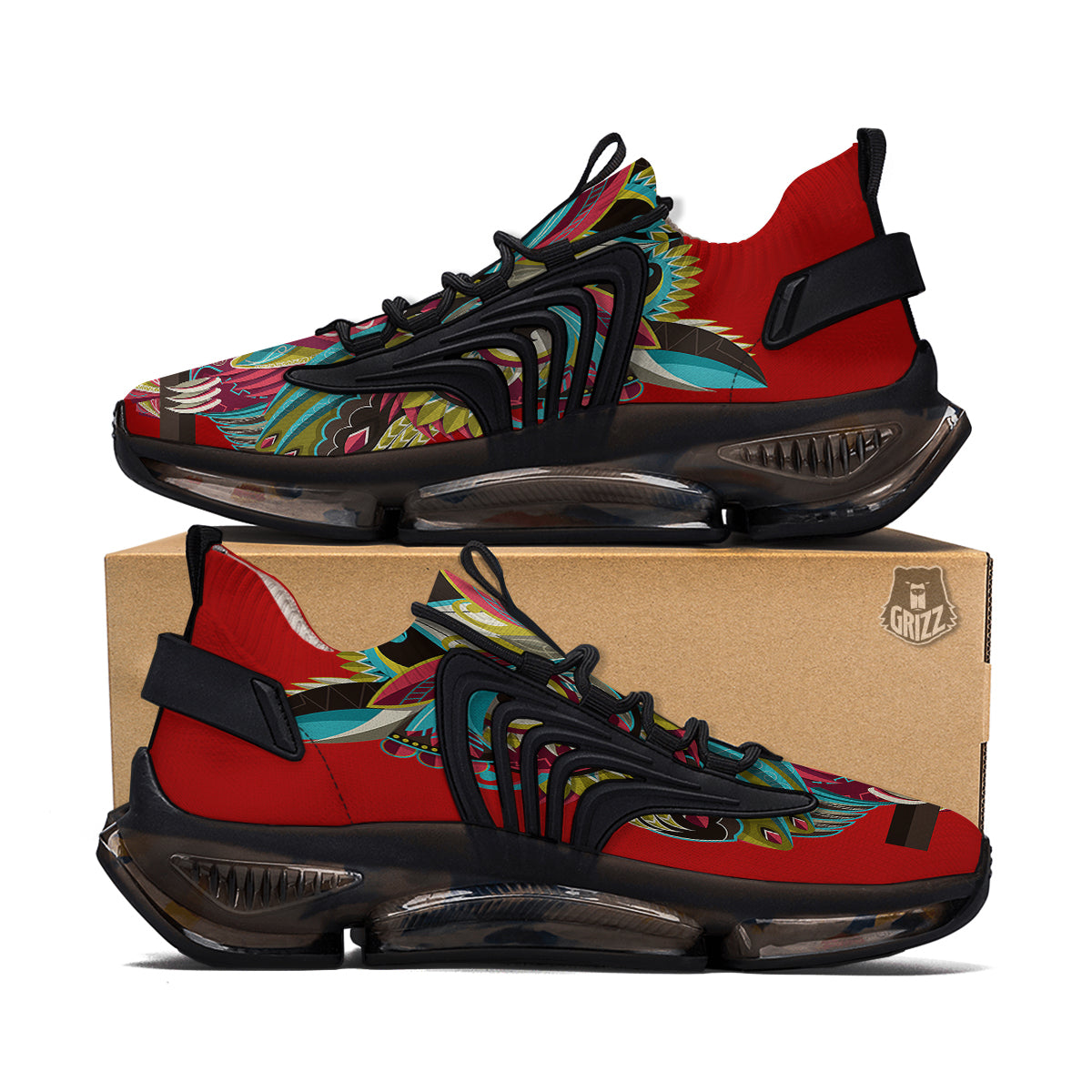 Red Colorful Owl Print Black Gym Shoes-grizzshop