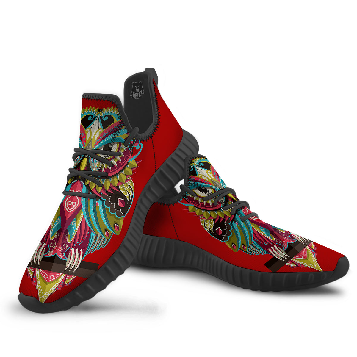 Red Colorful Owl Print Black Walking Shoes-grizzshop