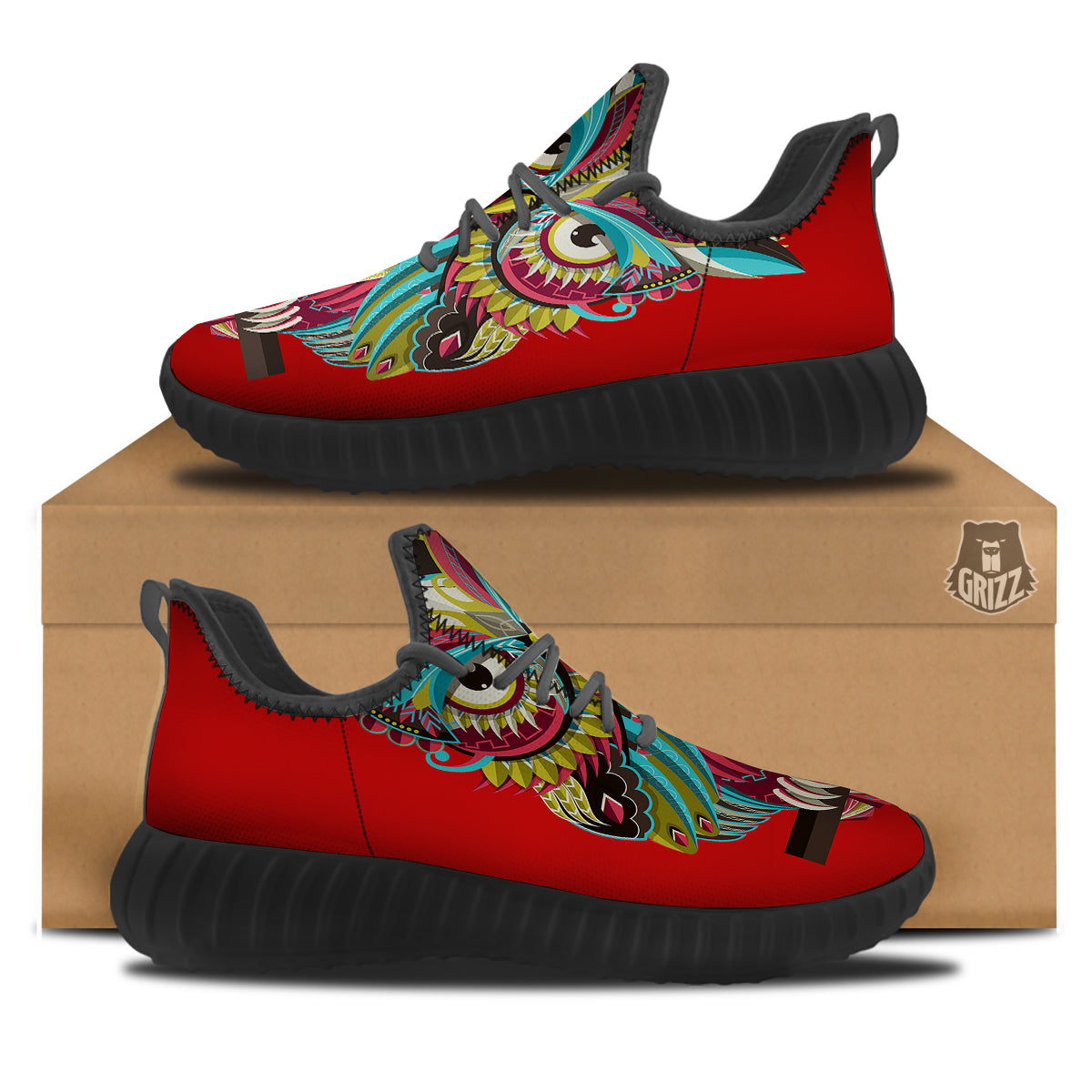 Red Colorful Owl Print Black Walking Shoes-grizzshop
