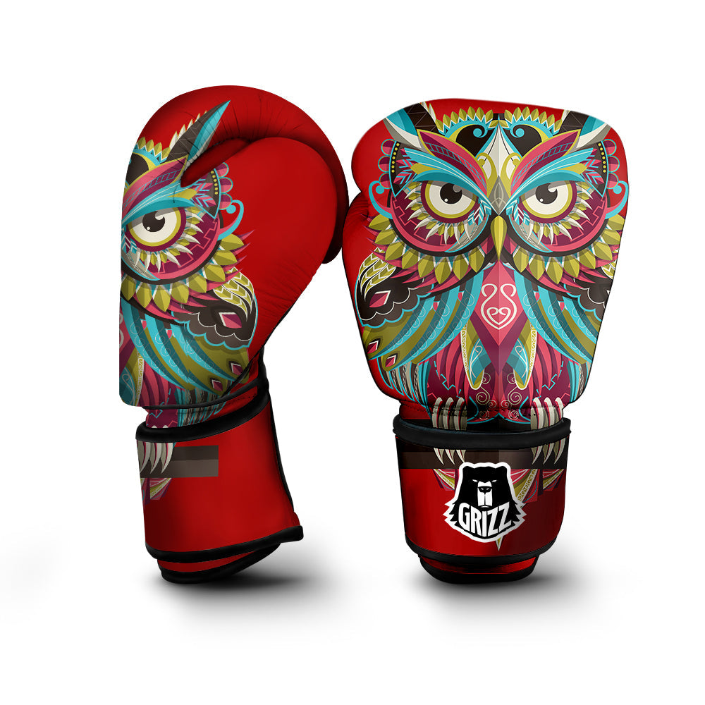 Red Colorful Owl Print Boxing Gloves-grizzshop