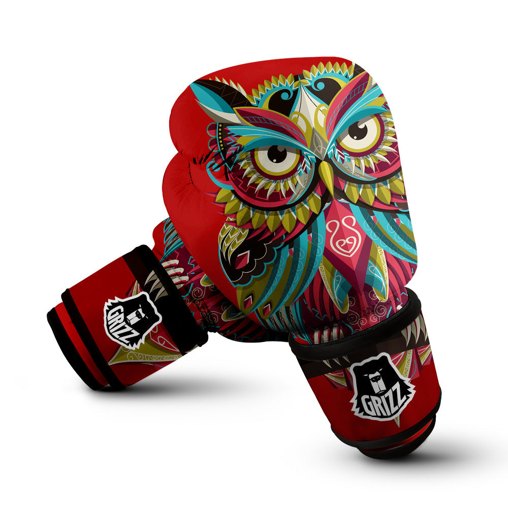 Red Colorful Owl Print Boxing Gloves-grizzshop