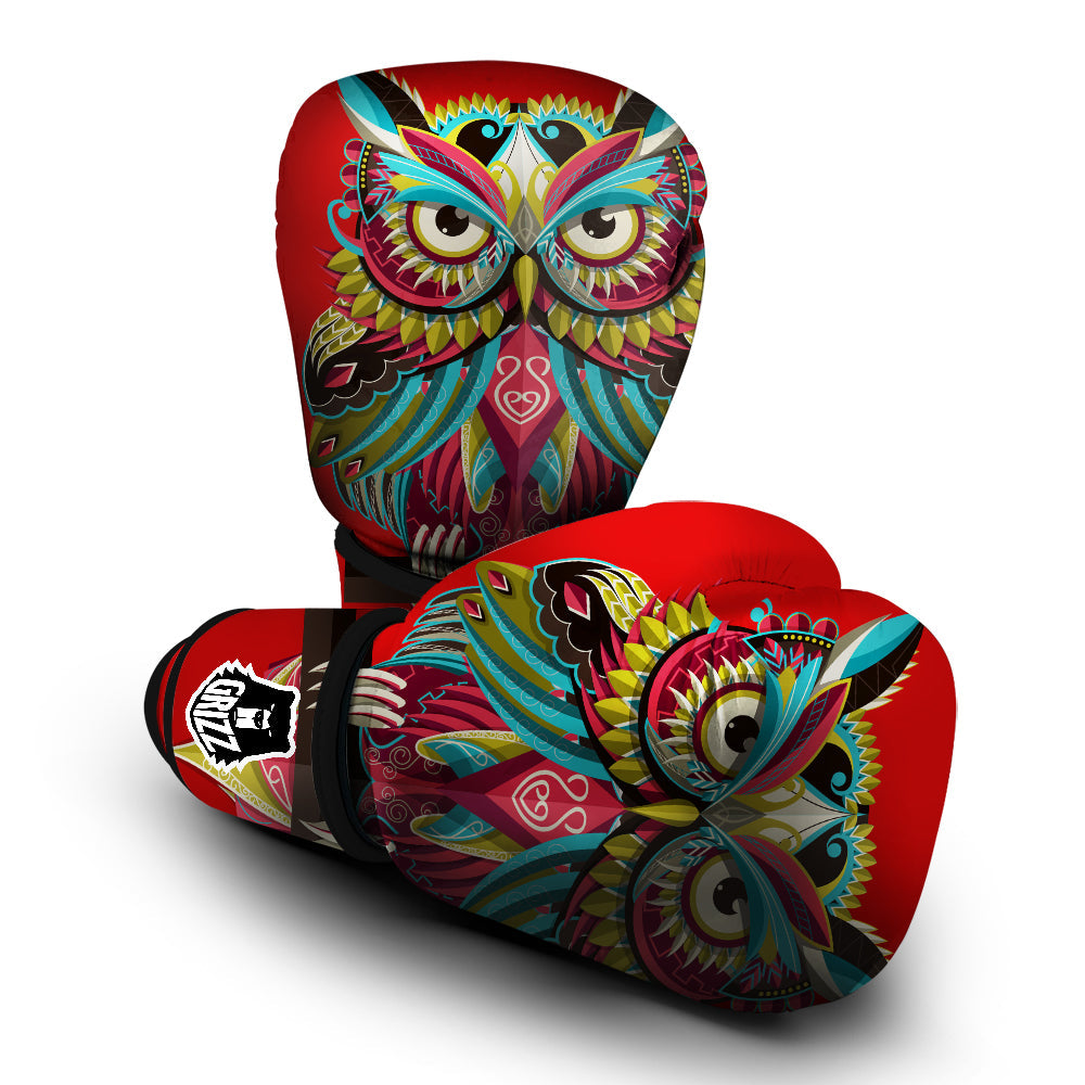 Red Colorful Owl Print Boxing Gloves-grizzshop