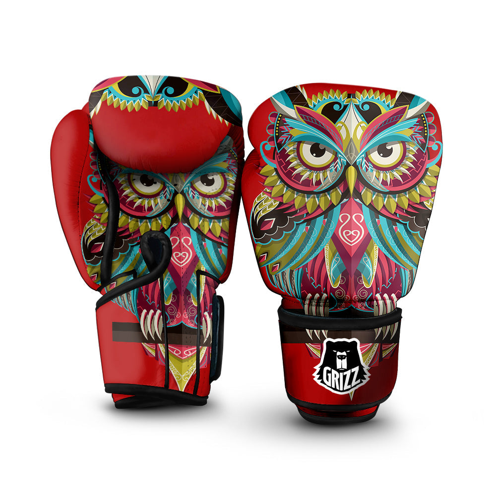 Red Colorful Owl Print Boxing Gloves-grizzshop