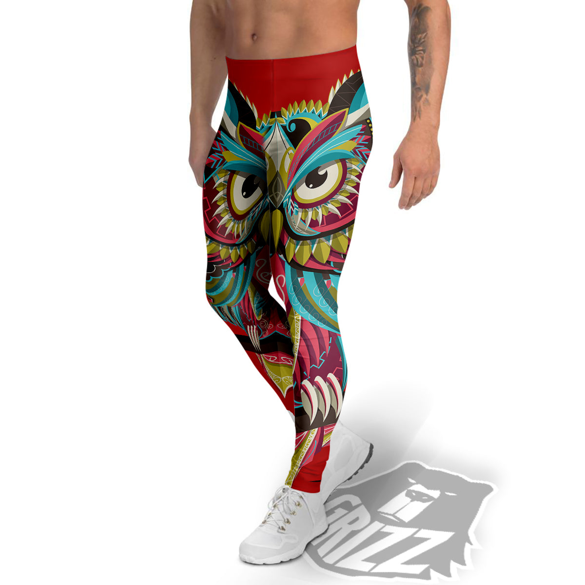 Red Colorful Owl Print Men's Leggings-grizzshop