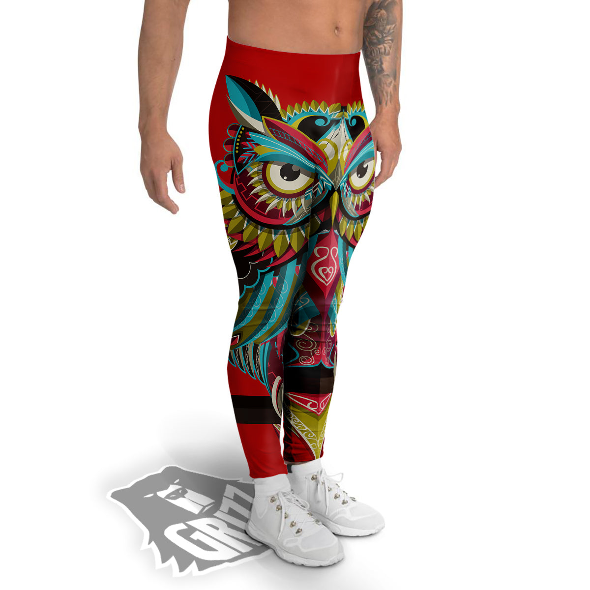 Red Colorful Owl Print Men's Leggings-grizzshop
