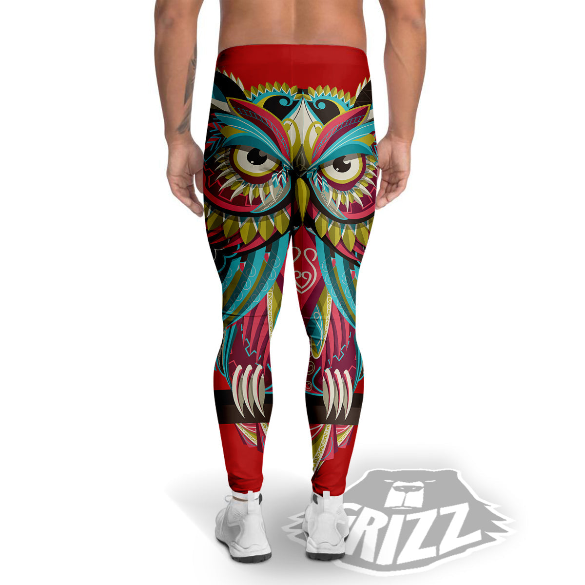 Red Colorful Owl Print Men's Leggings-grizzshop